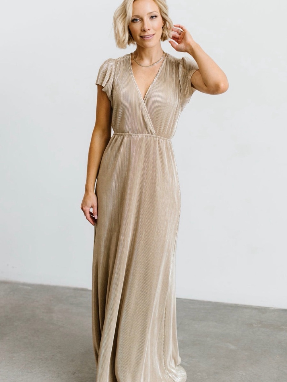 Baltic born Satin Gold Pleated Floor-length Dress - Bridesmaid - Wedding - Party